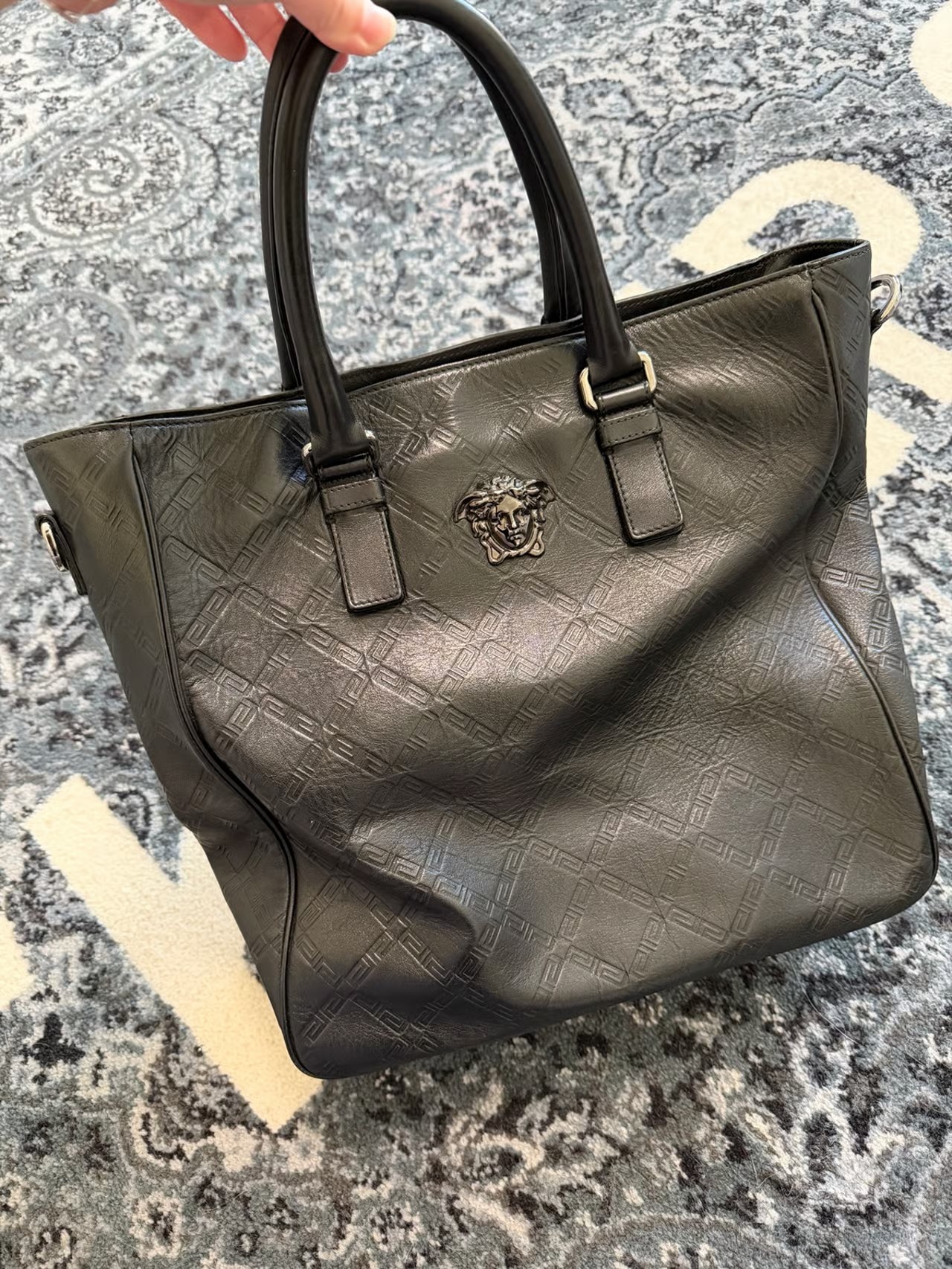 Auth Versace Medusa Black Leather Tote Bag