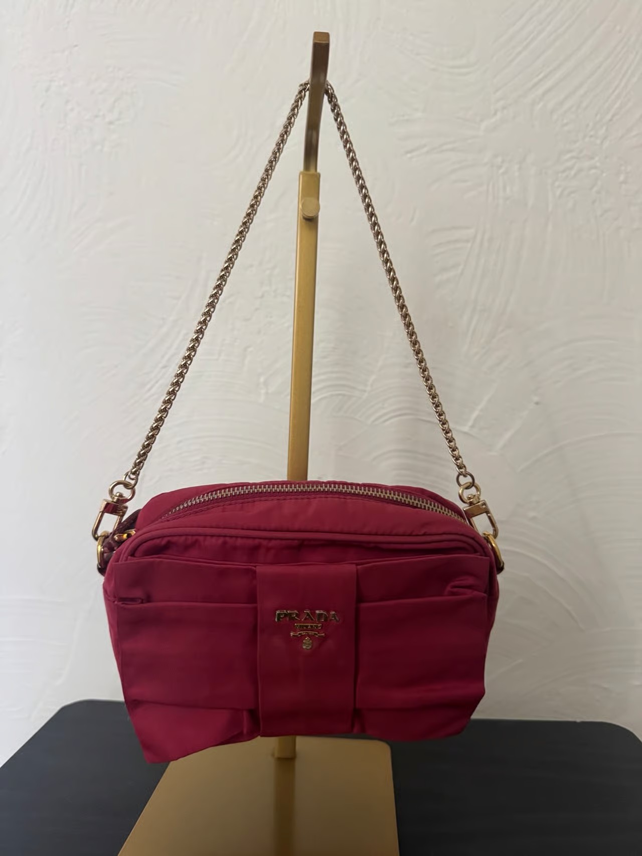 Authentic Prada red nylon crossbody bag with gold-tone chain strap