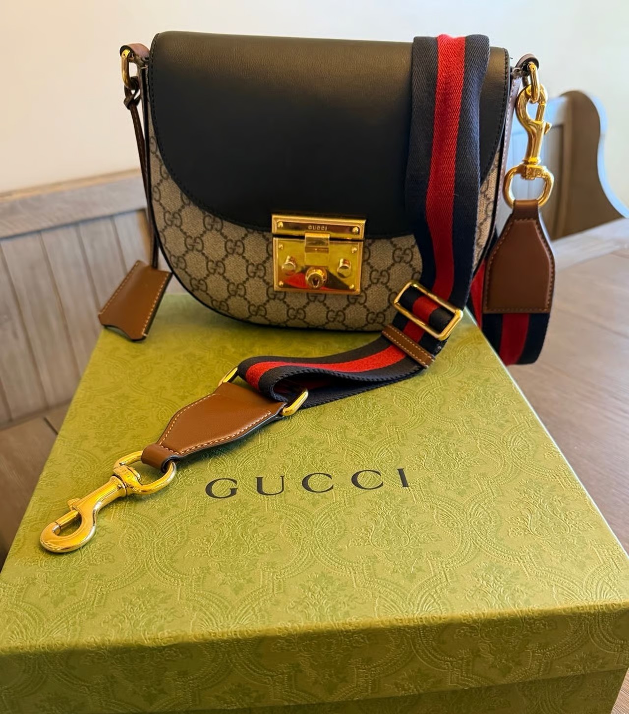 Authentic Gucci Padlock Saddle Shoulder Bag GG Coated Canvas and Leather Medium