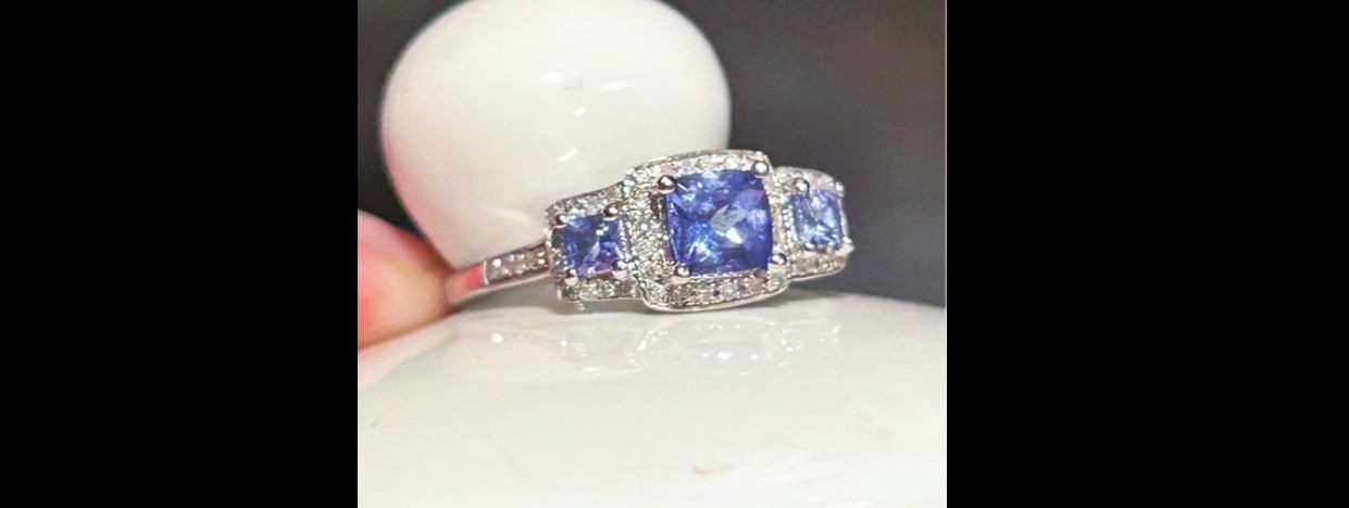 14kt White Gold, Natural Mined Diamond and Tanzenite Trinity Ring