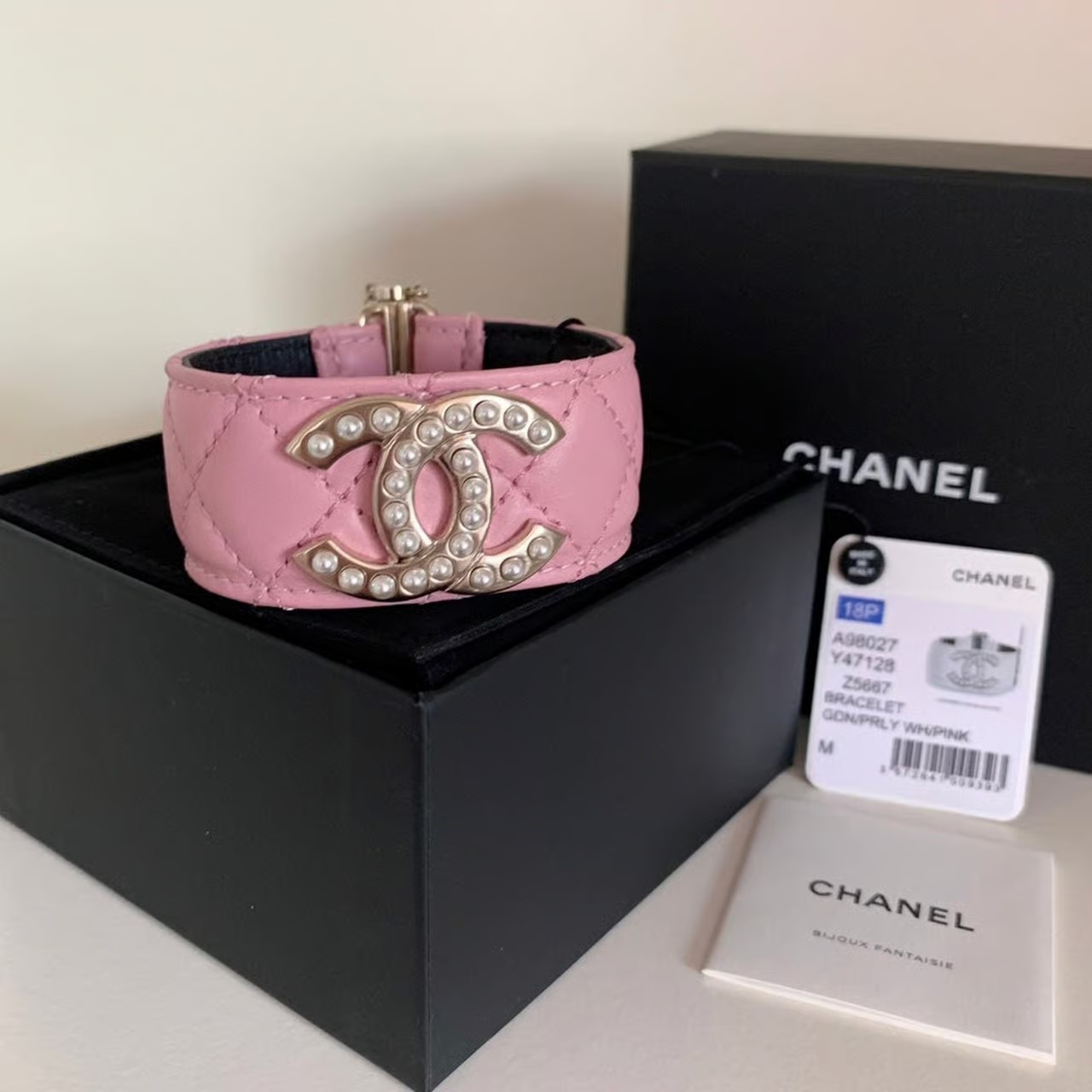 Chanel pink quilted pearl cuff