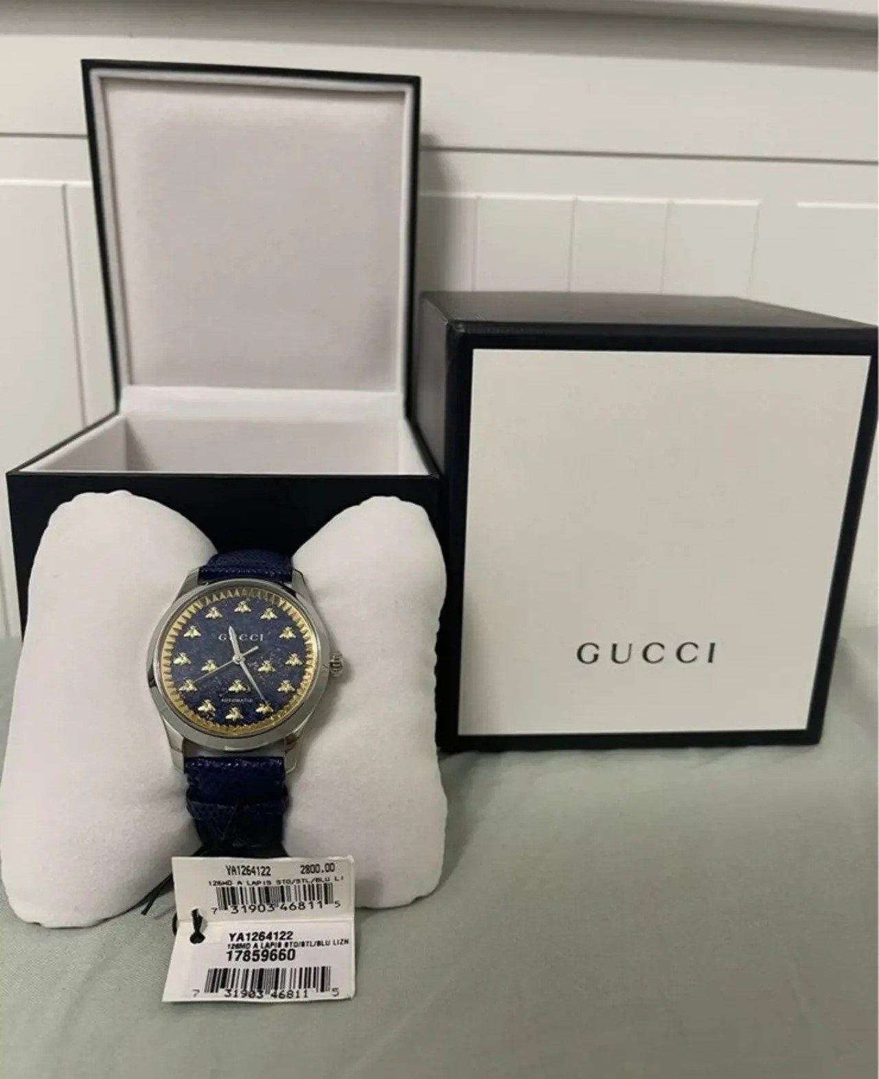 GUCCI G-Timeless Automatic Steel 18k Yellow Gold PVD & Blue Lapiz Lizard Strap