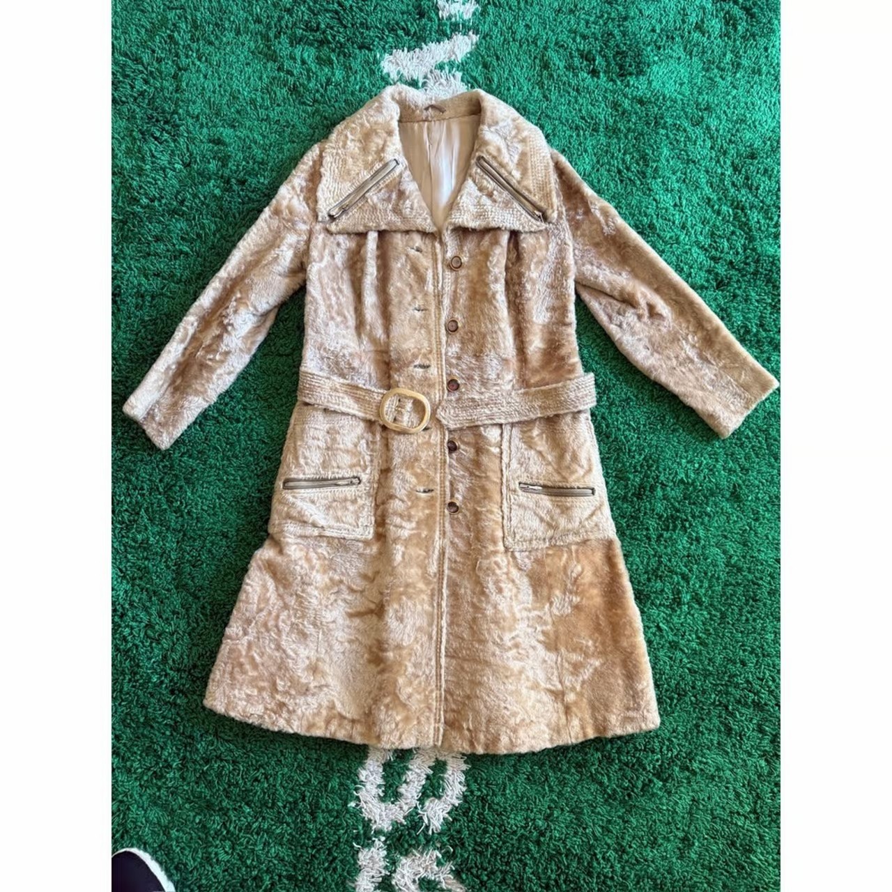 Vintage Lamb Fur Coat, Belted, Gold Accents, Fitted, Statement Piece, Warm, Chic