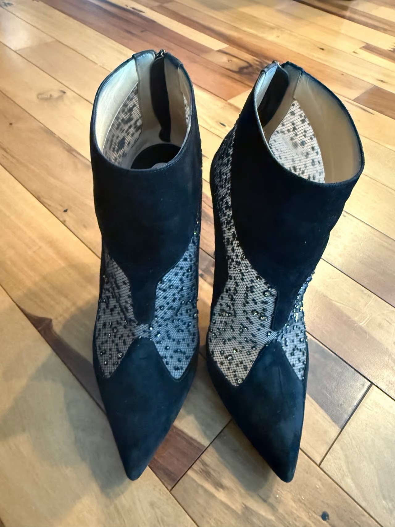 Christian Louboutin Black Suede Mesh Crystal Ankle Boots Heels