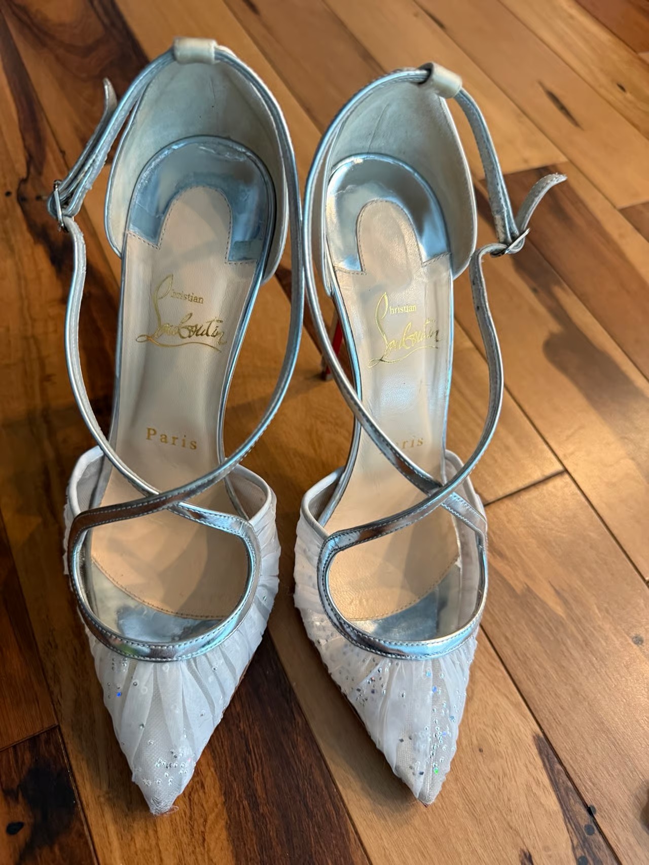 Christian Louboutin White Tulle Crystal Strap Heels Red Sole