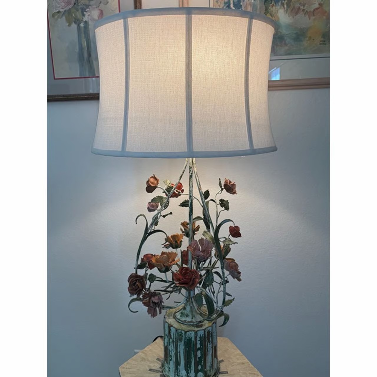 Vintage Italian Tole Painted Flower Table Lamp ~ Rare Early 20th Century