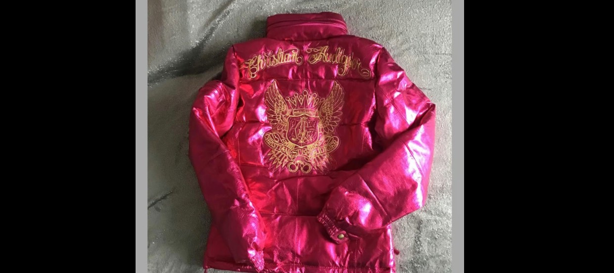 NWT Christian Audigier Ed Hardy fuchsia pink foiled leather puffer jacket XS