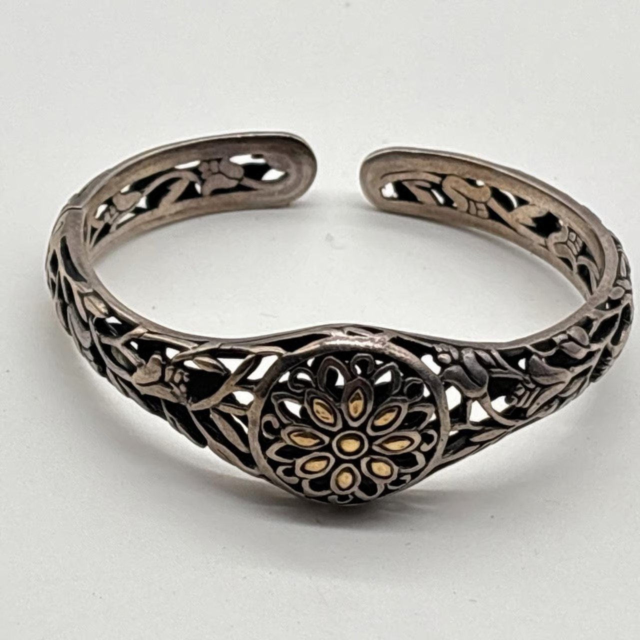 Vintage Signed DS ID Cuff Bracelet 925 Sterling Silver 18k Yellow Gold Floral