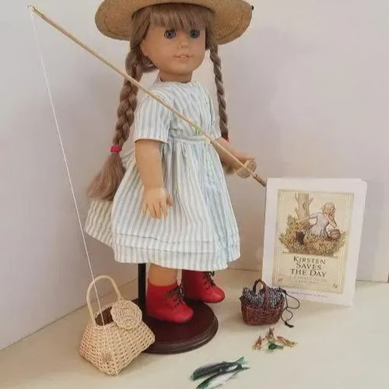 HTF Kirsten 1990 Summer Fishing Outfit EUC Set American Girl Doll Dress Hat Bait
