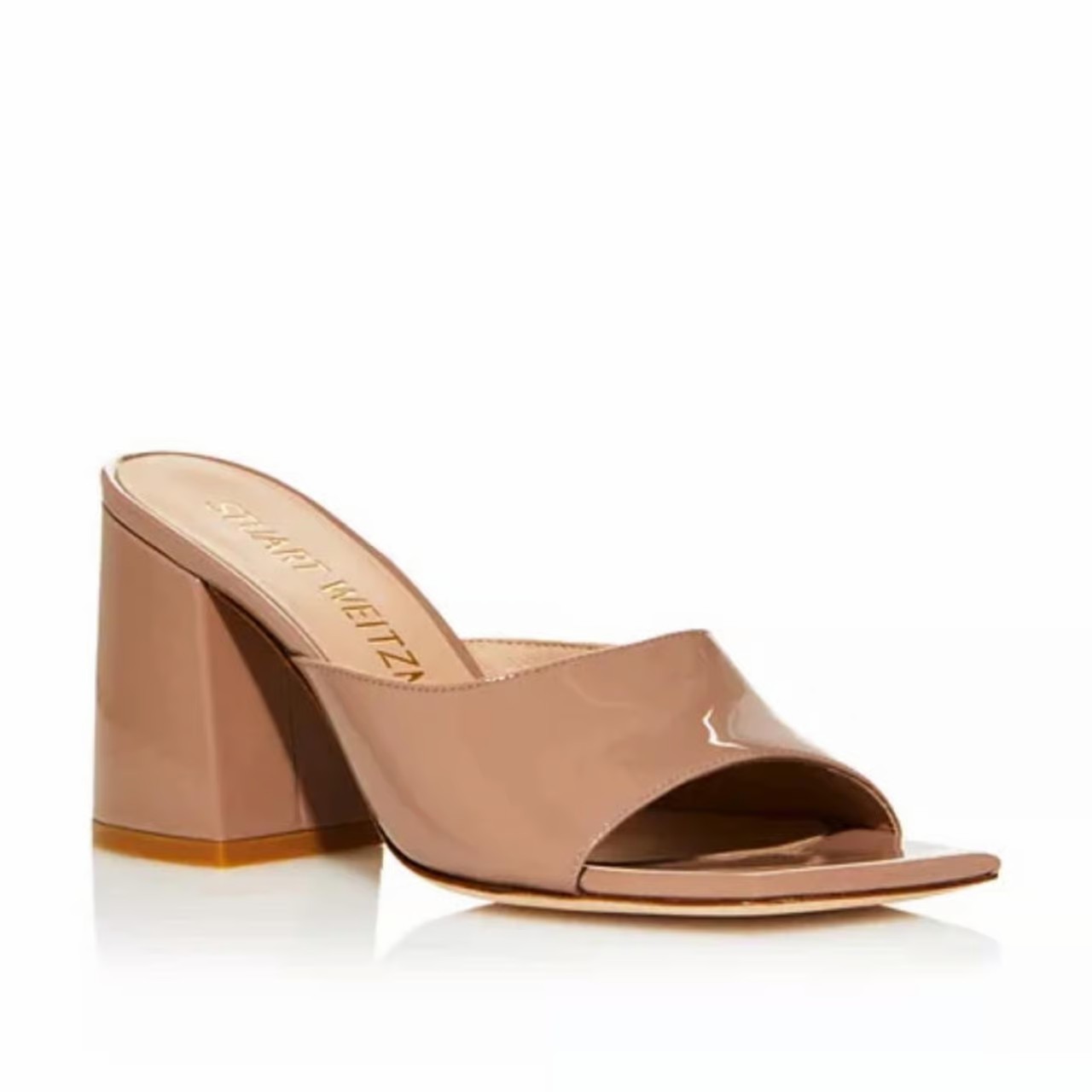 Stuart Weitzman Tia 85 Flared Block Heel Sandals Fawn Patent Leather
