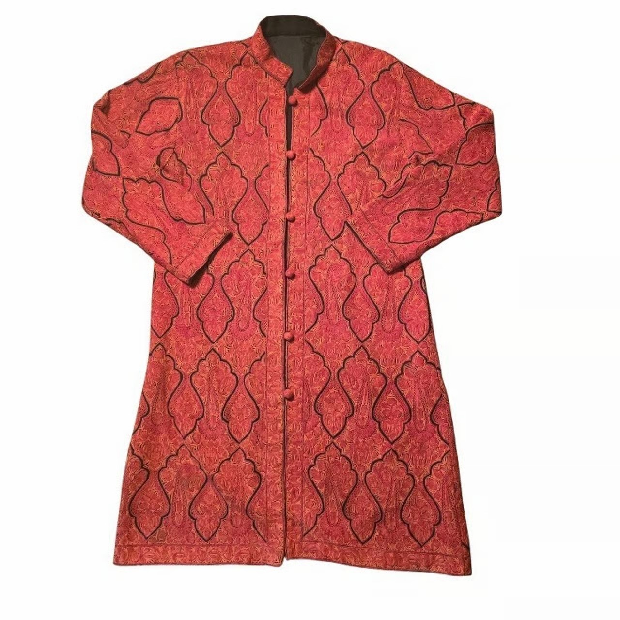 Kashmiri Jamawar Wool Long Coat Hand Embroidered Aari Paisley Boho Lined Jacket