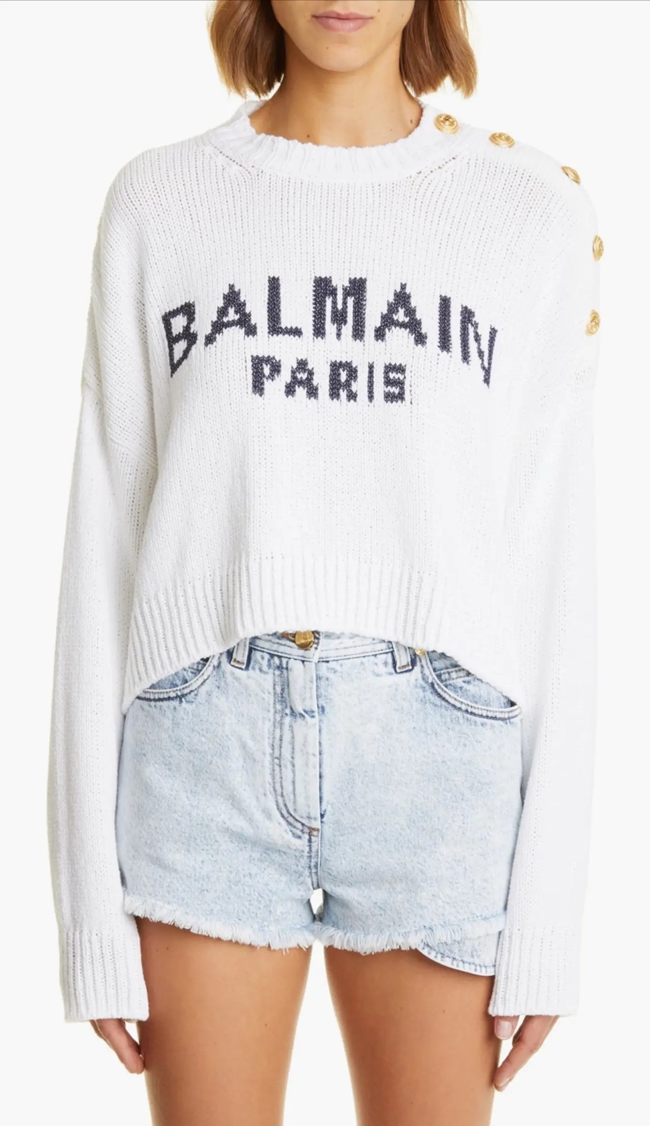 Balmain Metallic Logo Button Shoulder Crop Sweater