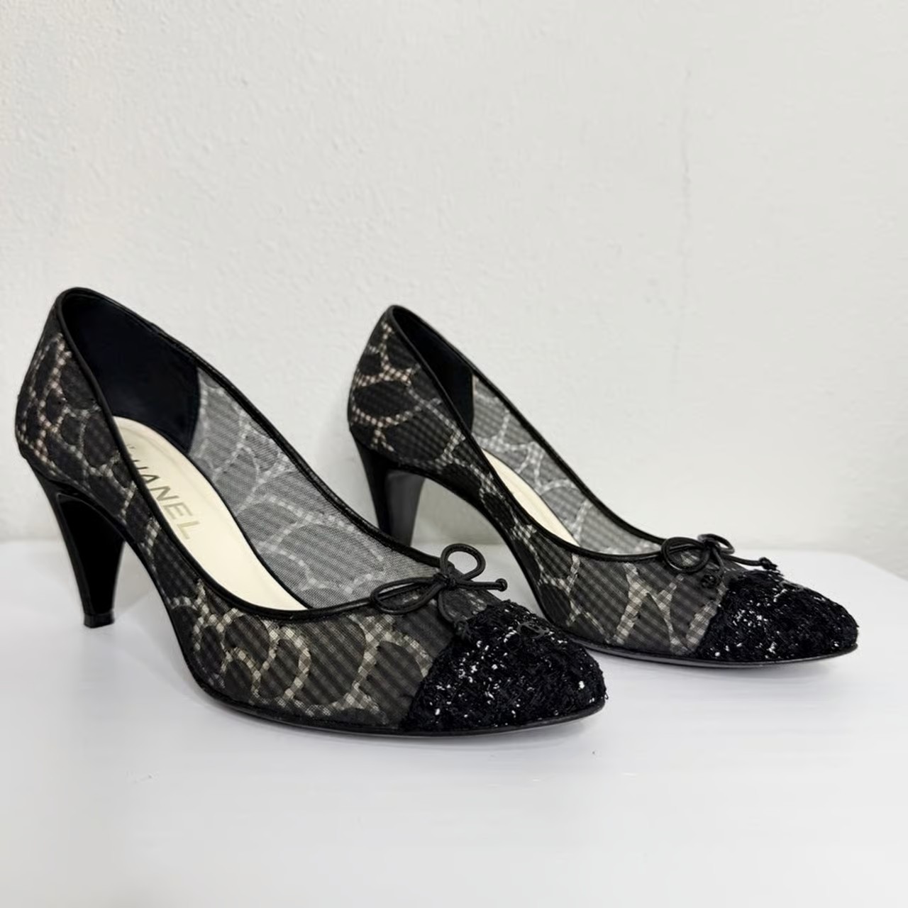 Chanel Black Mesh & Tweed Bow Pumps