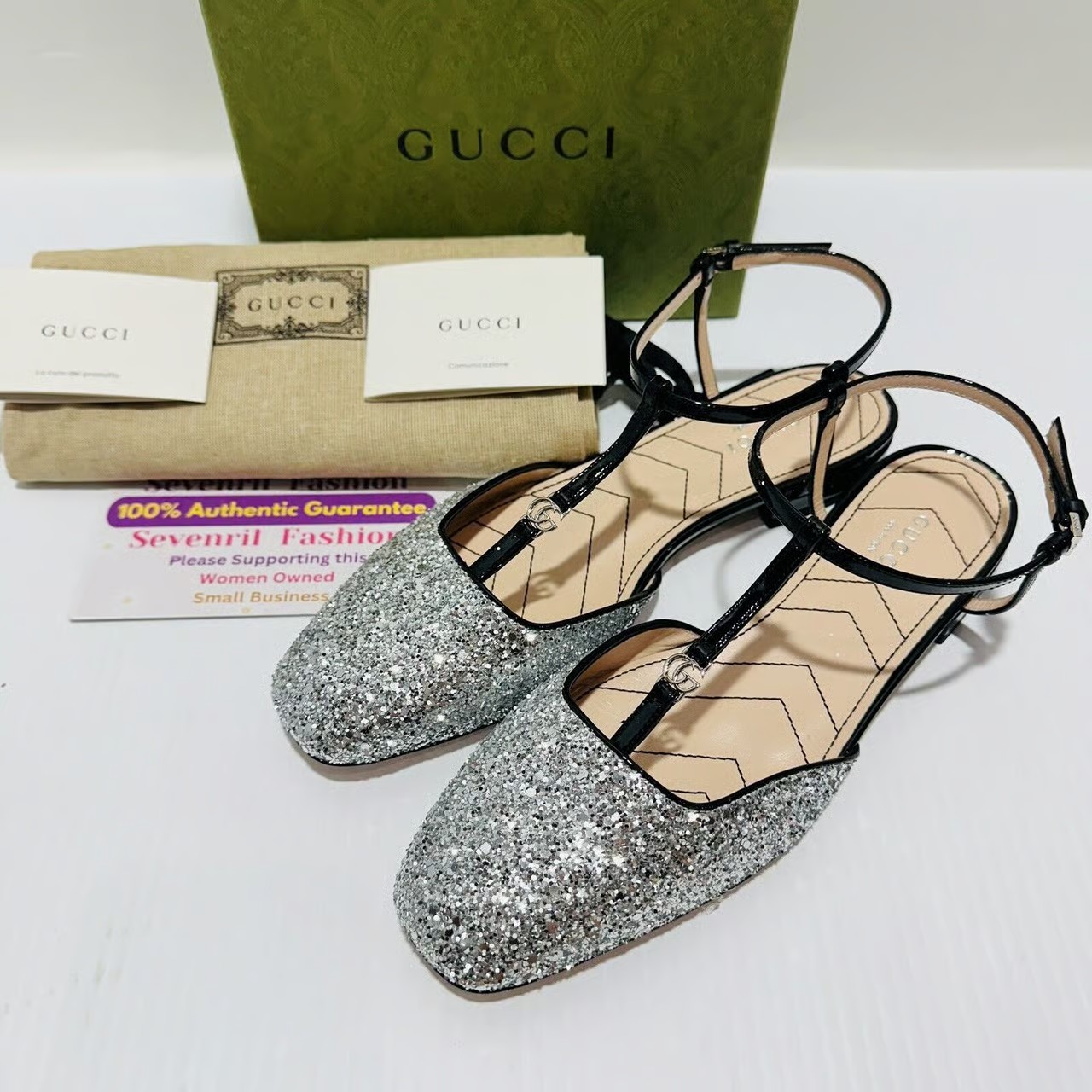 NIB Gucci Ballet Flat EU 37.5 US 7.5 Double G T-Strap Silver Glitter Shoes