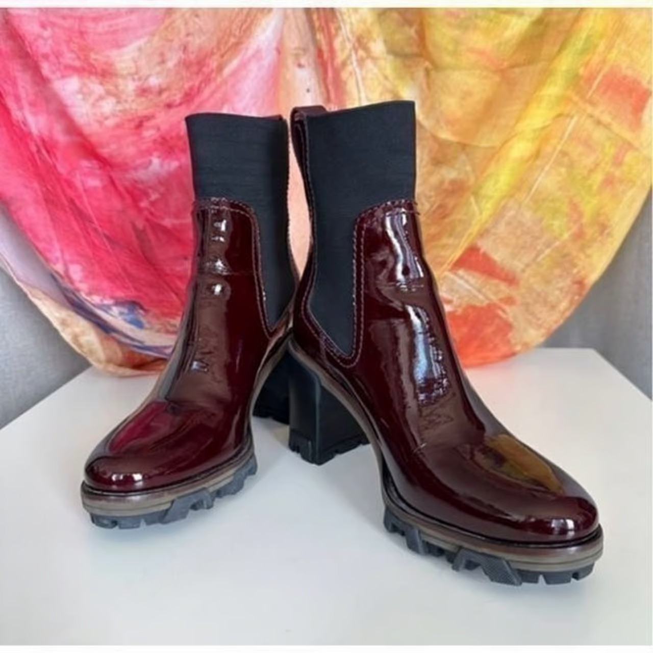 Rag & Bone Shiloh Maroon Red Patent Leather lug sole Boots US