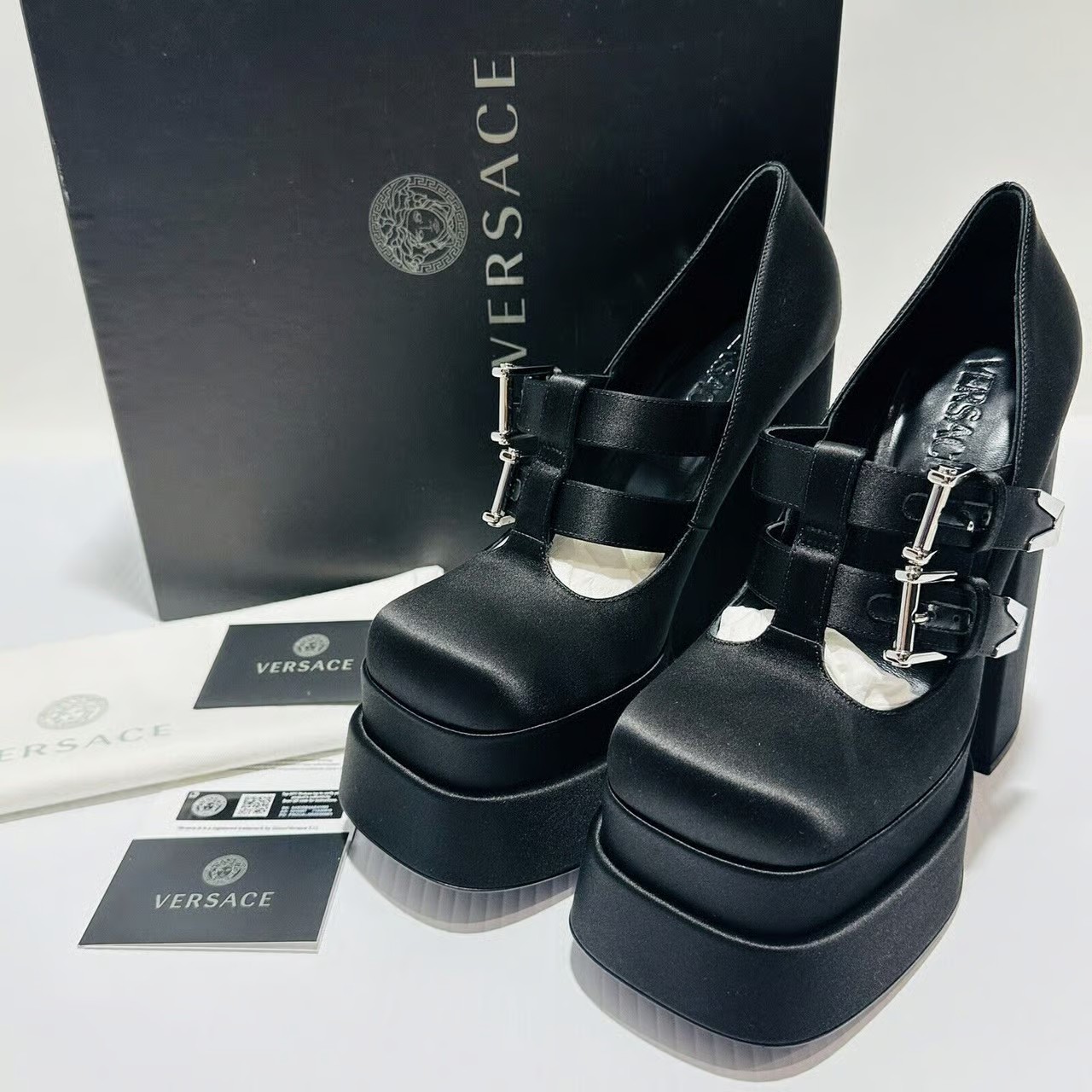 Versace Aevitas Satin Mary Jane Buckle Platform Black Pump