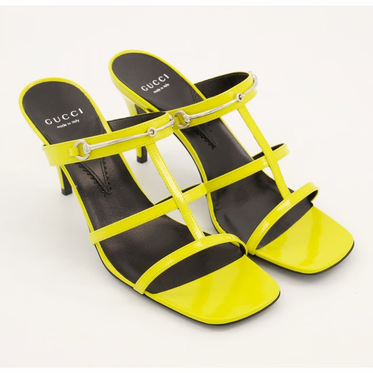 Gucci Regent Slim Horsebit Heel Sandals Lime Yellow Leather