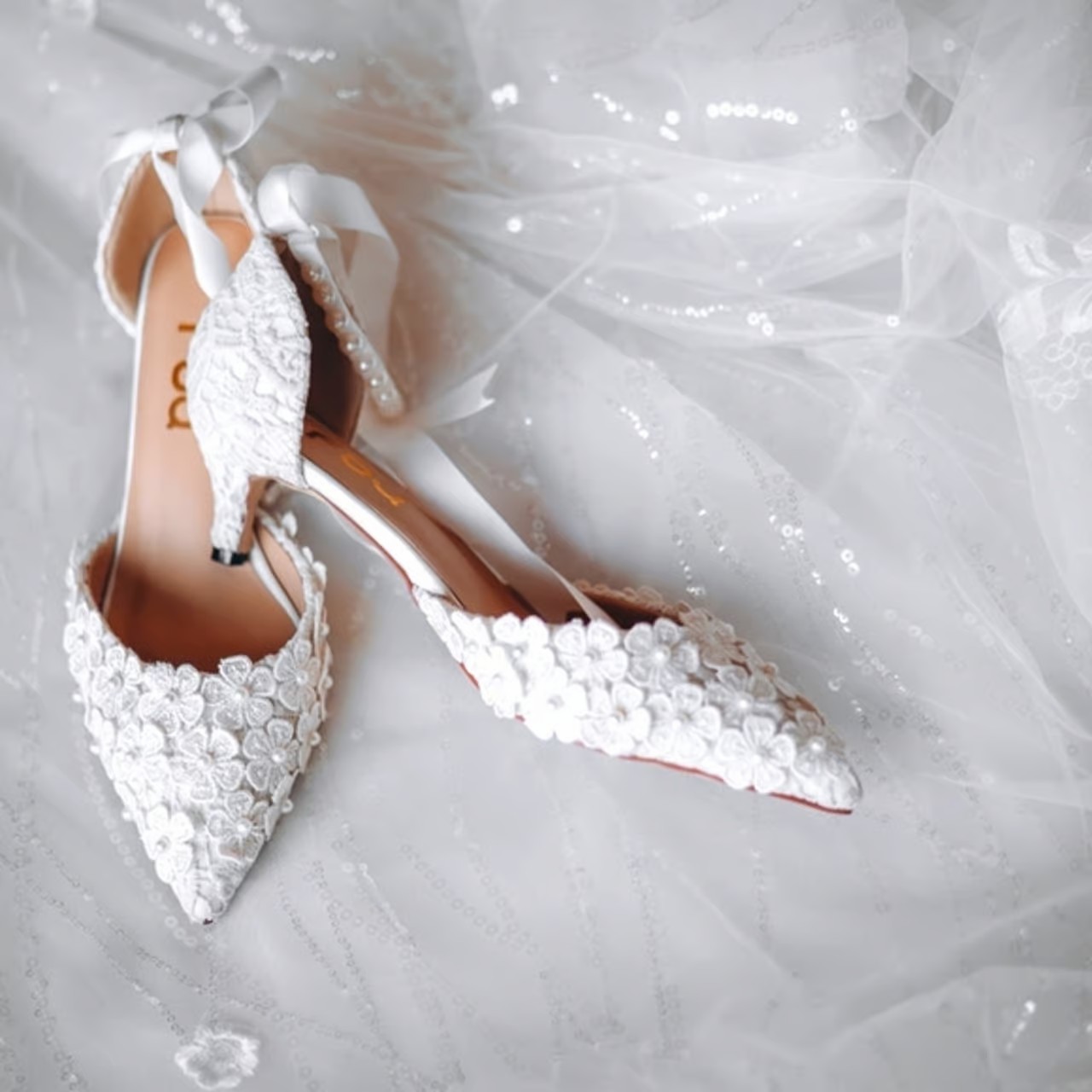 Bridal Wedding White Lace Pearl Embellished Satin Bow Ankle Strap Kitten Heels