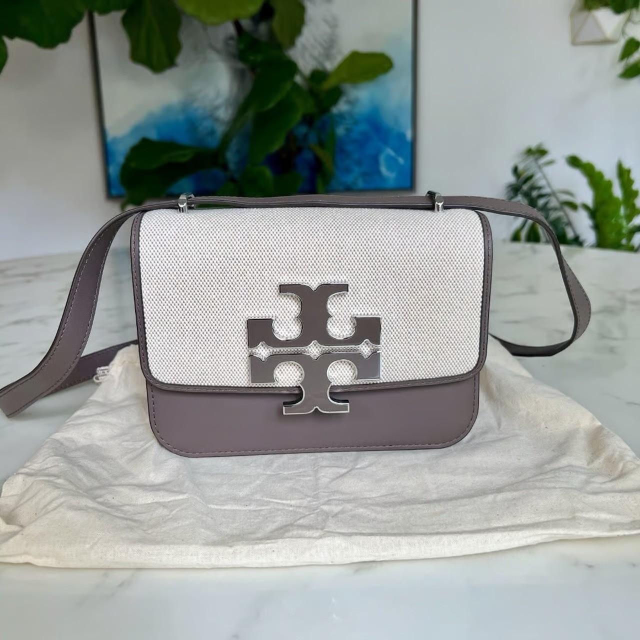 NWOT Tory Burch Eleanor Small Canvas Convertible Shoulder Bag Clam Shell Taupe