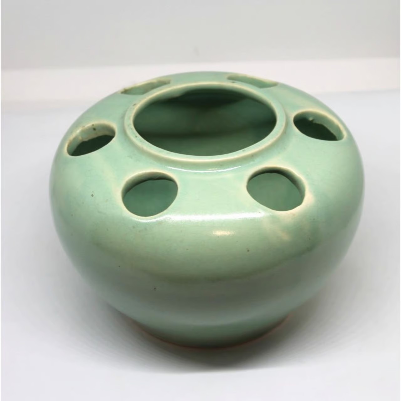 Vintage Pottery / Decorative Flower Frog Vase Green 4.5" Tall 6" Diameter