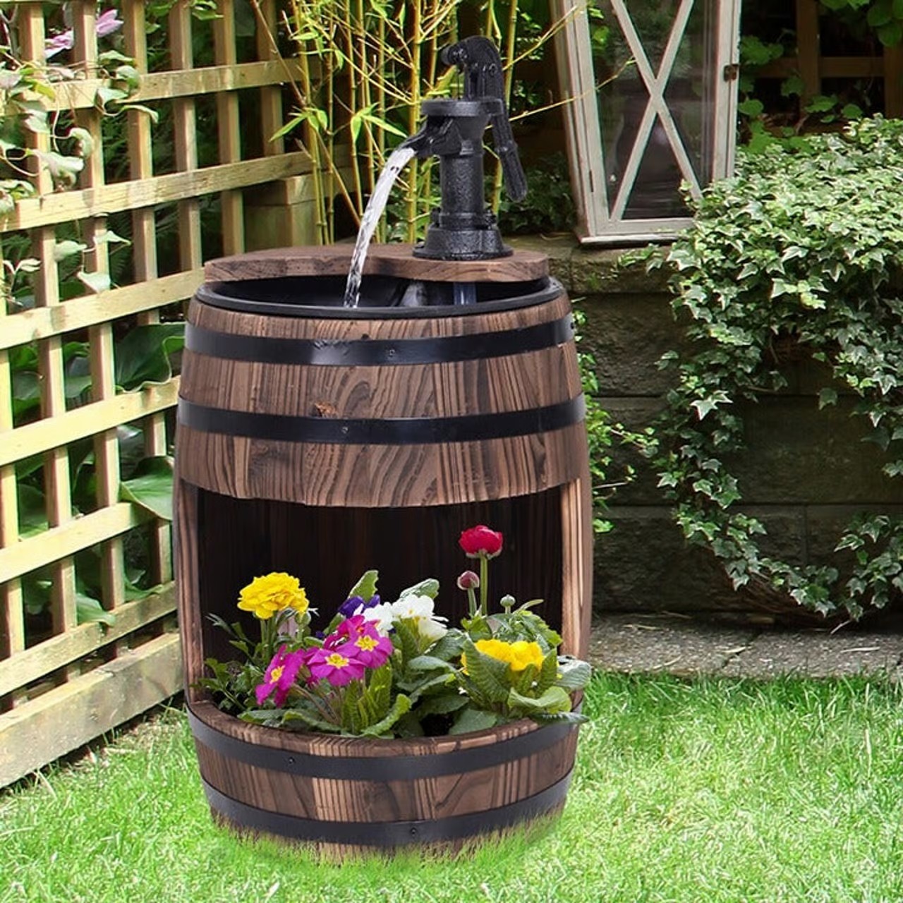 NEW 2 Tiers Outdoor Wooden Water Pump Fountain for Patio Garden