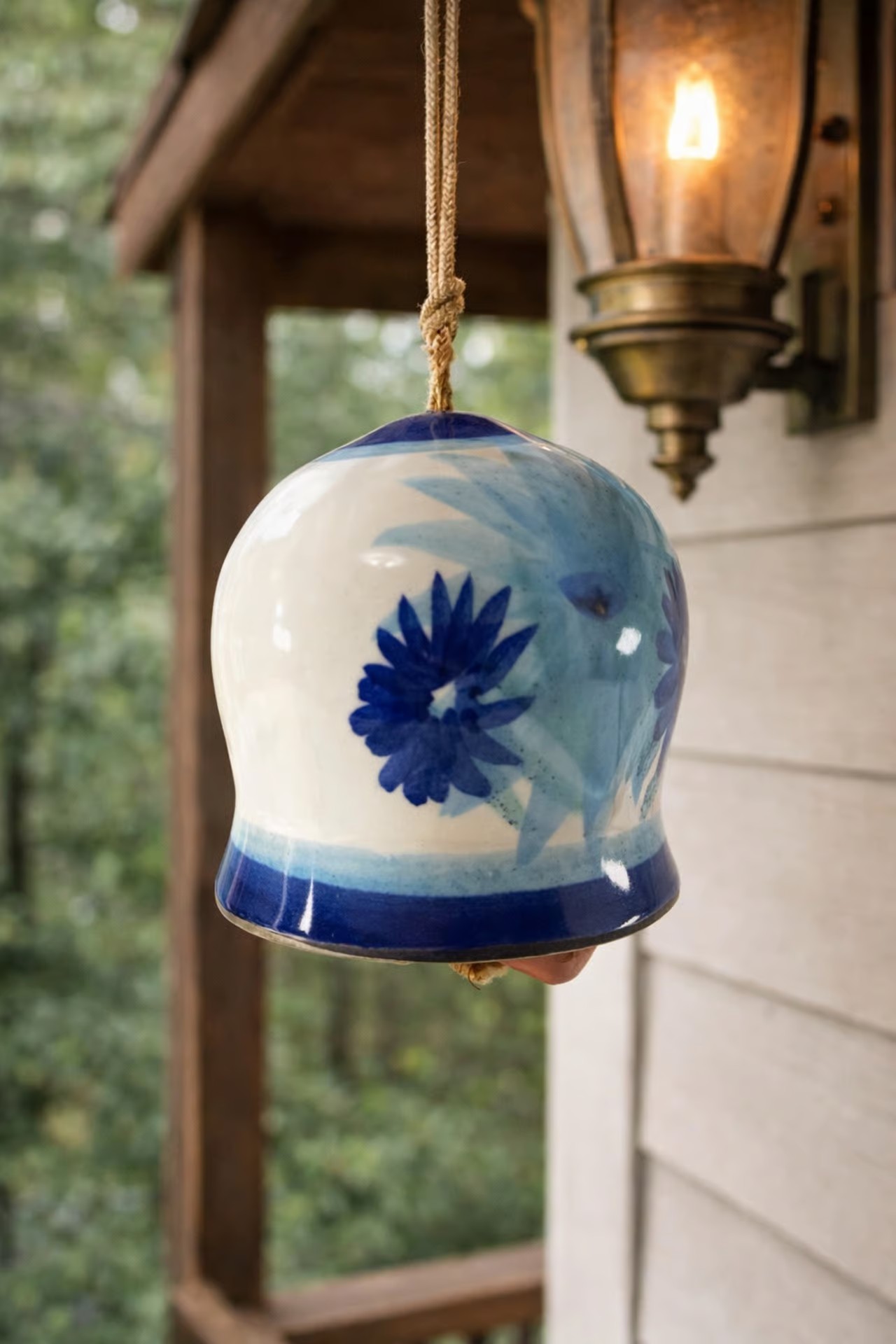 Pacific Stoneware Bell 1973 Hand Painted Blue Floral Ceramic Hanging USA 4