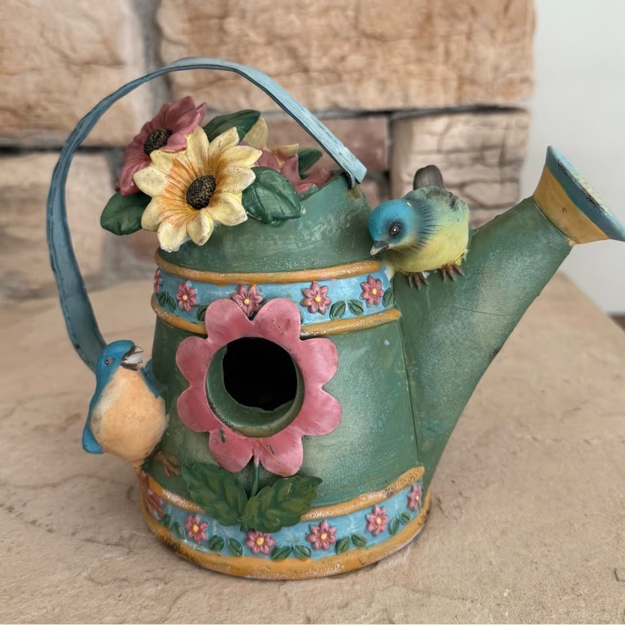 Decorative Ceramic Watering Can Birdhouse with Flowers & Birds Metal Handle