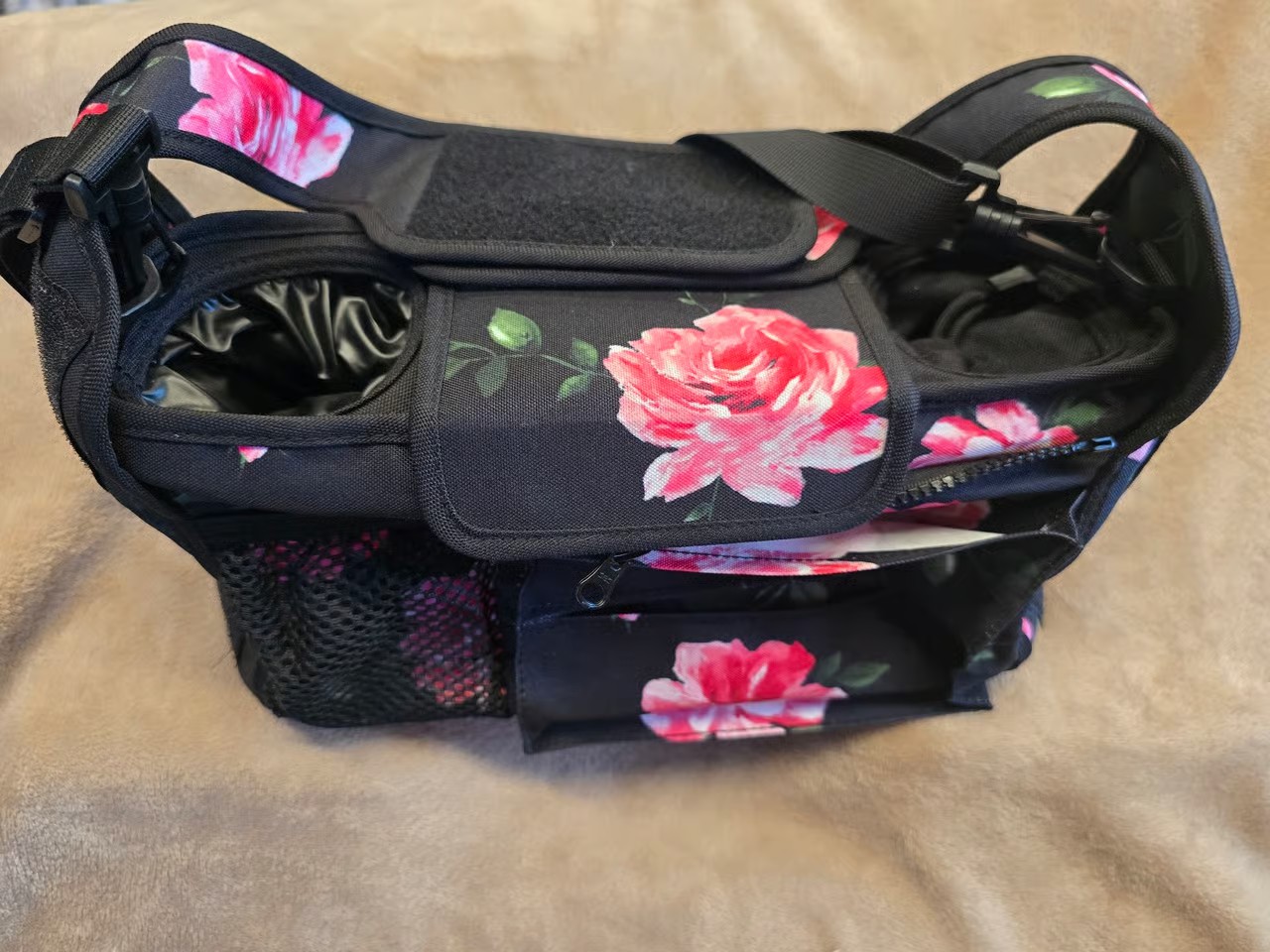 Floral Print Stroller Bag — Pink Roses on Black