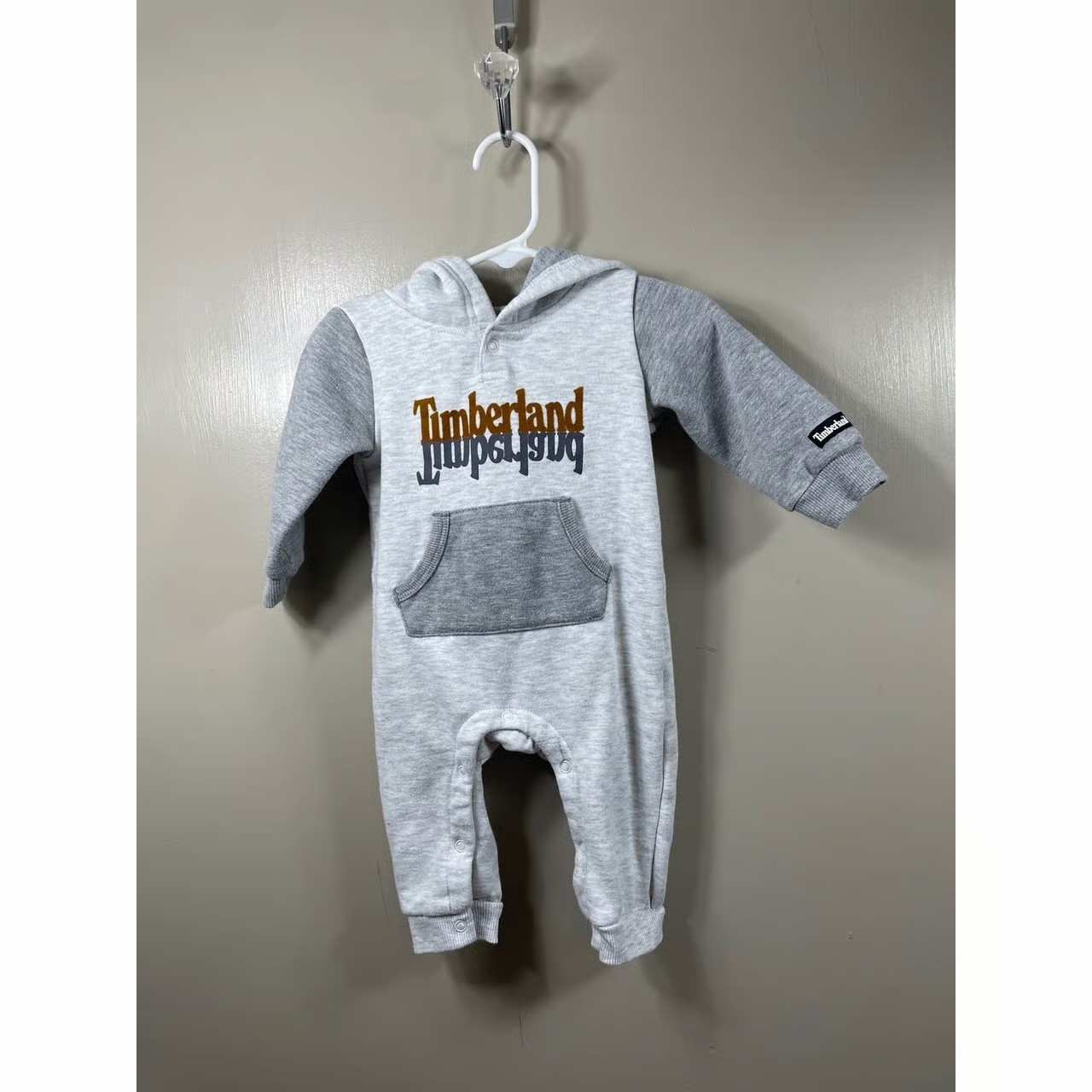 Timberland Kids Grey Hooded Fleece Romper Logo Graphic Snaps 6-9M