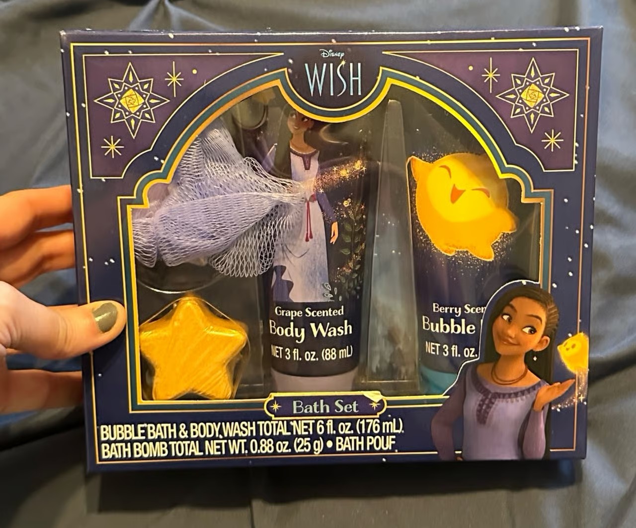 Disney Wish 4 Piece Bath Set Bubble Bath Body Wash Bath Bomb and a Pouf NEW