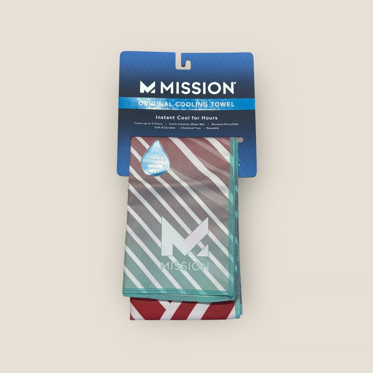 MISSION Original Cooling Towel Red White Teal Stripe 10"x33" Instant Cool