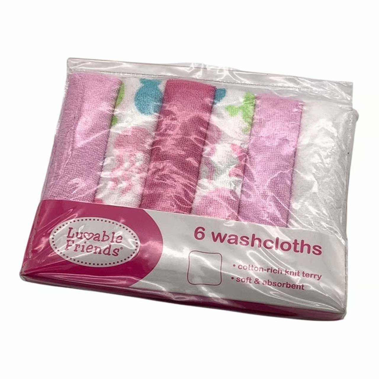 Luvable Friends Girls Baby Washcloths Pink Ocean Creatures Soft Cotton Rich Knit