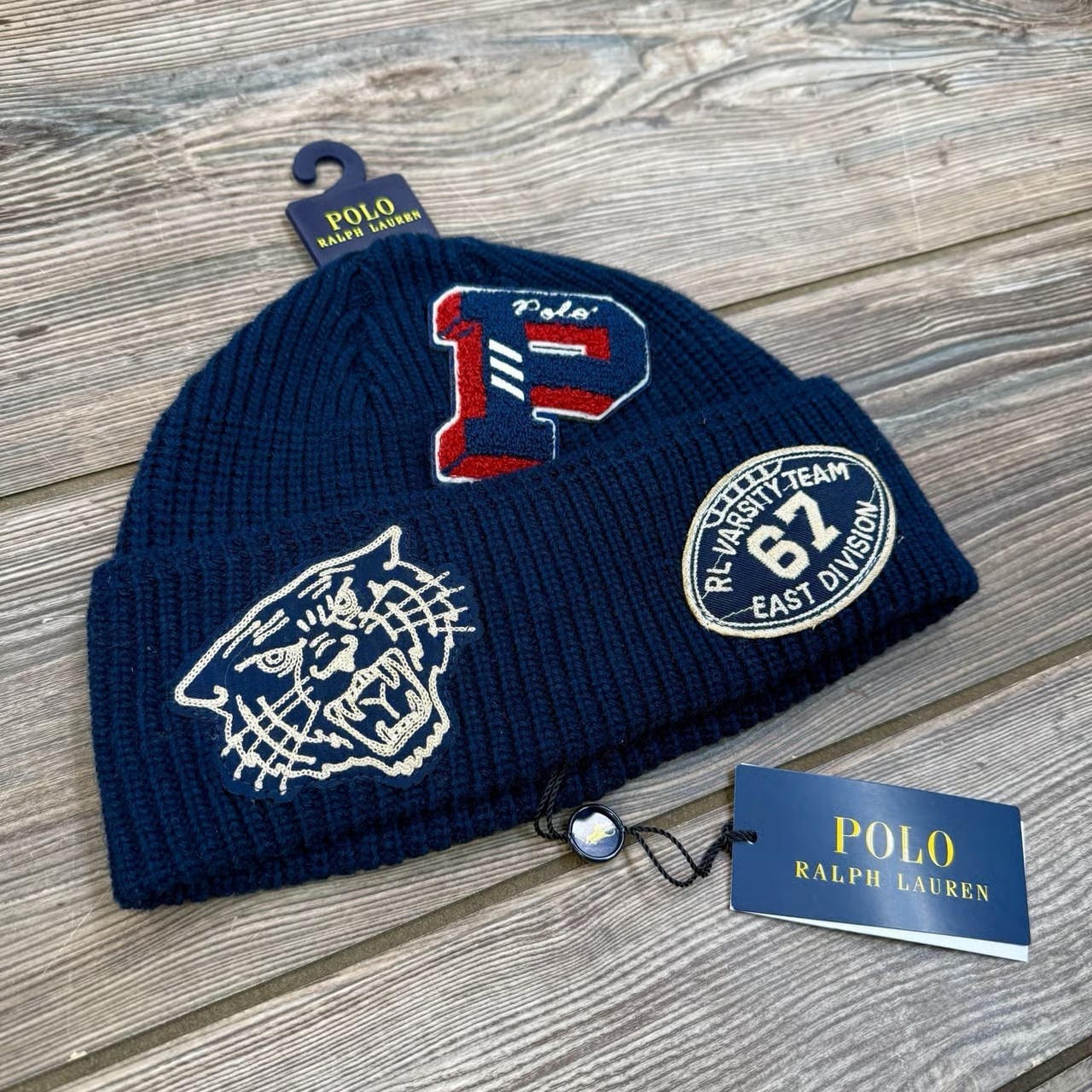 Polo Ralph Lauren Multi Patch P Varsity Tiger Knit Beanie Hat Navy Cap NWT