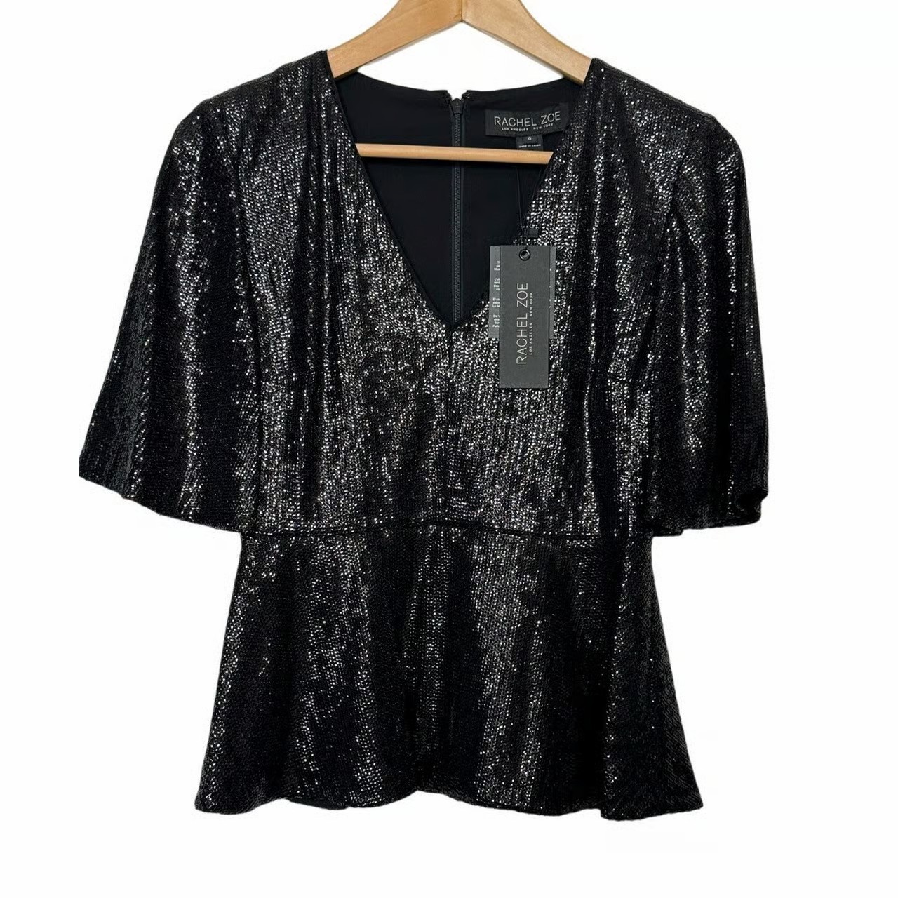 Rachel Zoe Top Sequin Peplum Short Flutter Sleeve Black